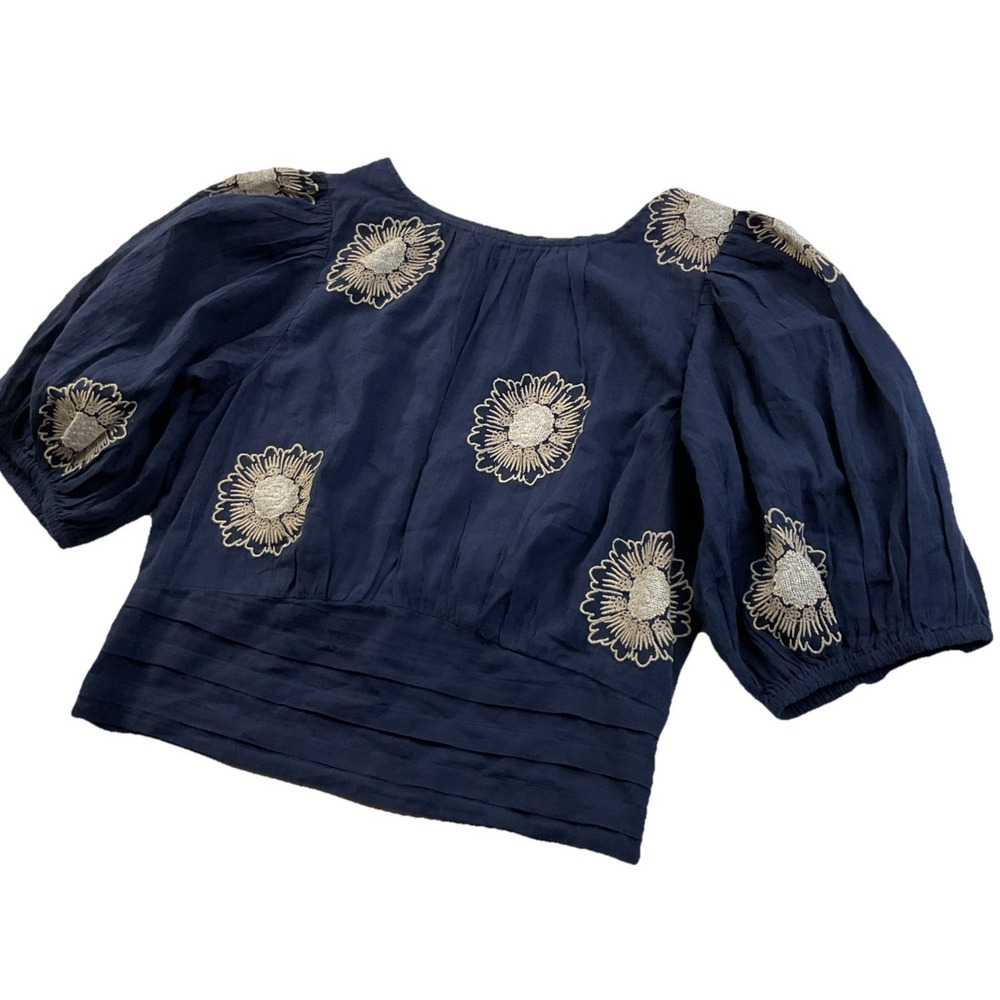 Free People Top My Girl Blouse Embroidered 3/4 Sleeves Navy Blue Women Sz S